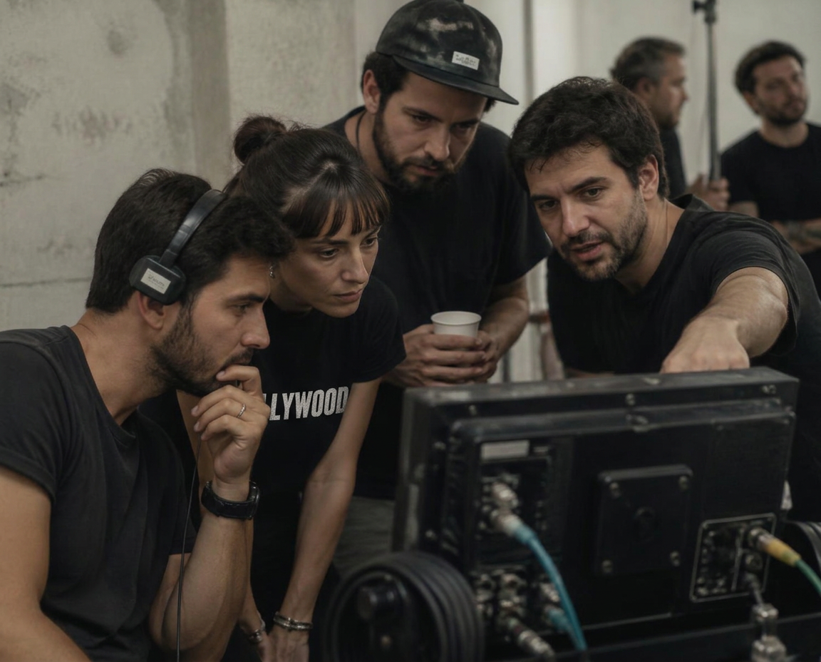 Small film crew gathered around a production monitor while one crew member directs the group