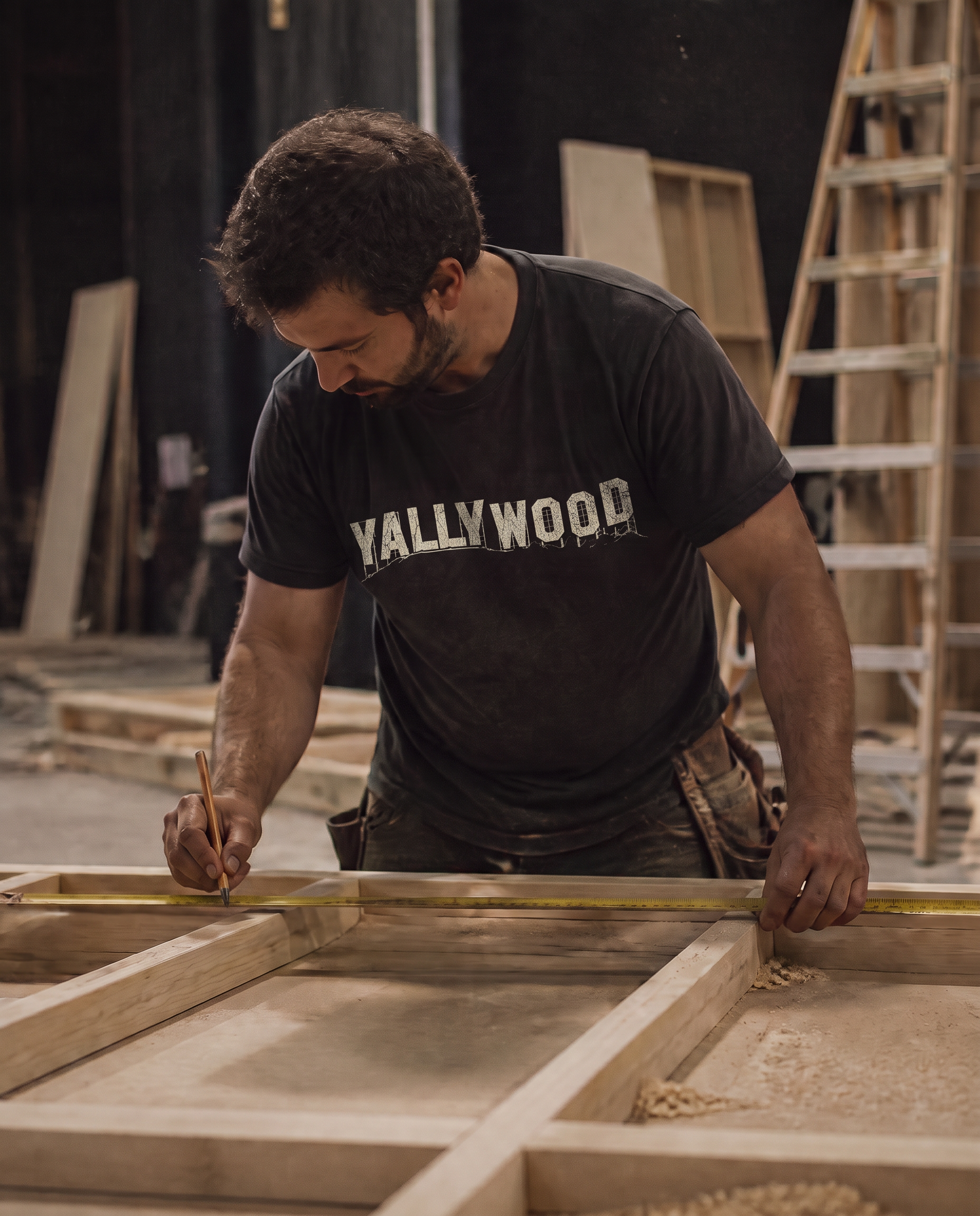 Set carpenter measuring lumber while building a set wall on a Georgia soundstage