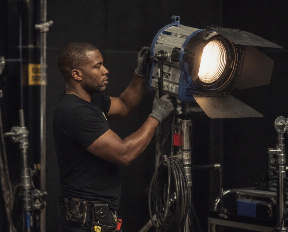 Production electrician adjusting a fresnel lamp on a soundstage