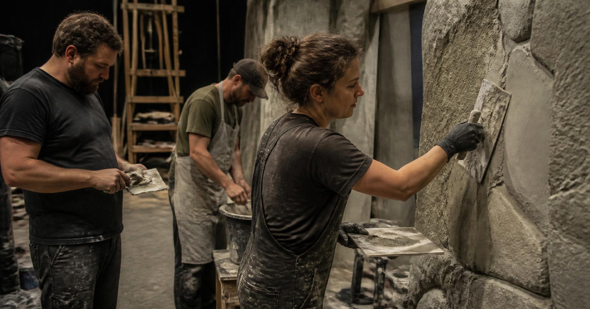 Scenic plaster crew troweling a finish onto a set piece, a woman working the wall alongside two coworkers